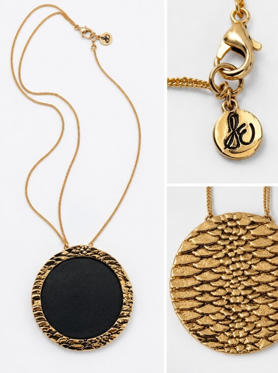 Liz Claiborne Jewelry - Vintage Liz Claiborne LC Gold & Black Leather Etruscan Revival Pendant Necklace